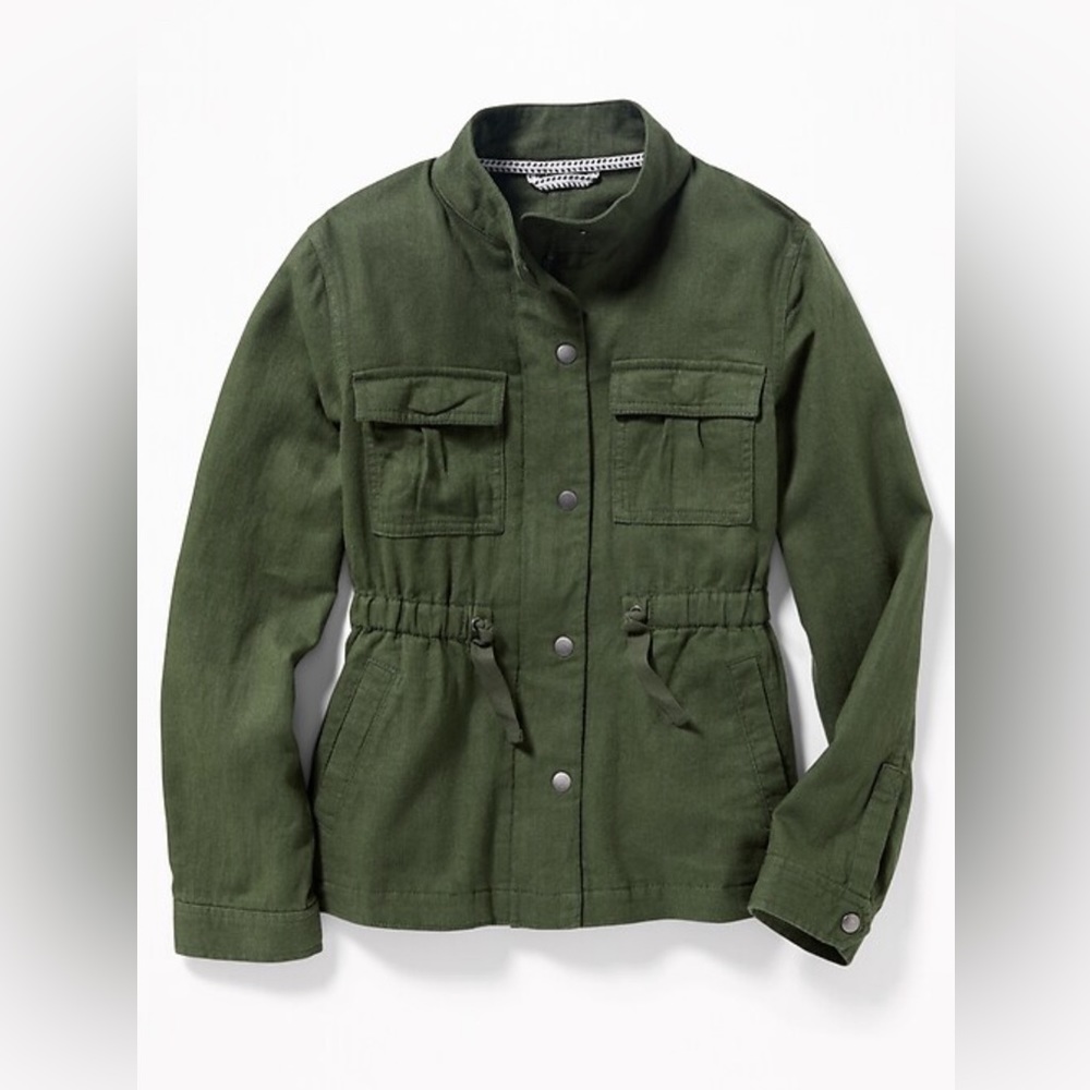 Old Navy Linen Blend Jacket Olive Green with Pockets Girls Size M (8)